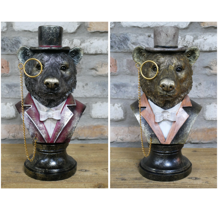 Bear Bust Resin Ornament Wearing Pink or Red Suit with Top Hat & Monocle Quirky Home Décor