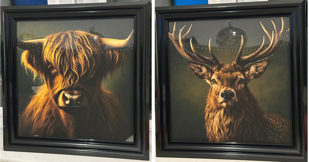 Black Step Frame Stag & Highland Cow Wall Art with liquid art