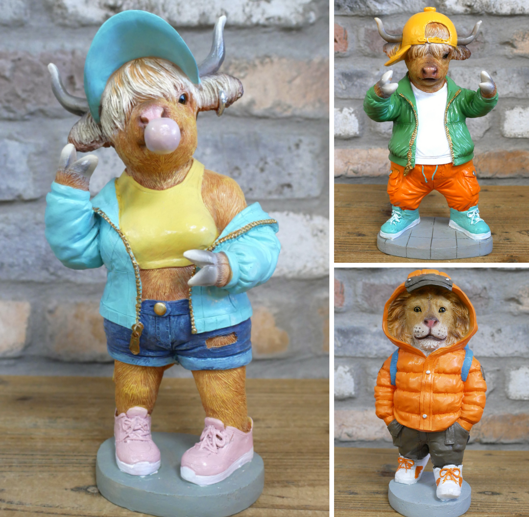 Cool Bubble Gum Cow Statue with Lion Puffer Jacket–Colorful Resin Animal Figurine Home Decor