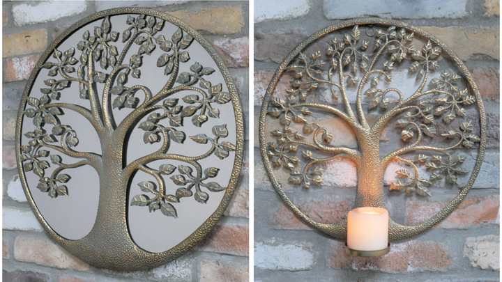 Tree Wall Decoration Metal Finish Candle Holder & mirror– Rustic metal Wall Art