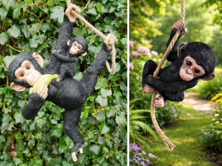 Monkey Eating Banana with Baby and baby monkey on a rope Hanging Resin Garden decorative Ornament