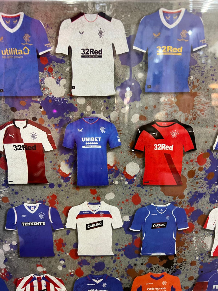 Rangers FC Team Shirts Wall Art with black Frame