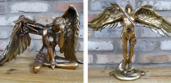 Steampunk Angel Statue Gold &Bronze Mechanical Winged Goddess Ornament Cyberpunk