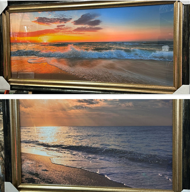 Stunning Beach Waves Sunset Wall Art – Luxury Liquid Art Resin Picture with Black & Gold Frame Home Decor
