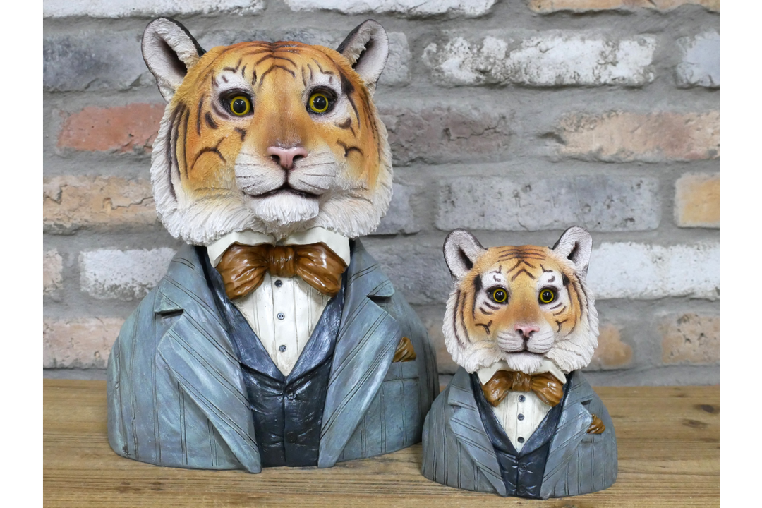 Tiger Bust Resin Ornament in Suit, Quirky Animal Home Decor