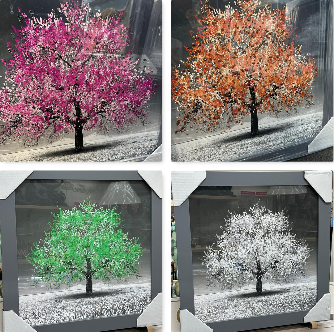Blossom Tree Wall Art–White, Orange, Green, Yellow, red & Pink with Silver Frame & Liquid Art Crystals