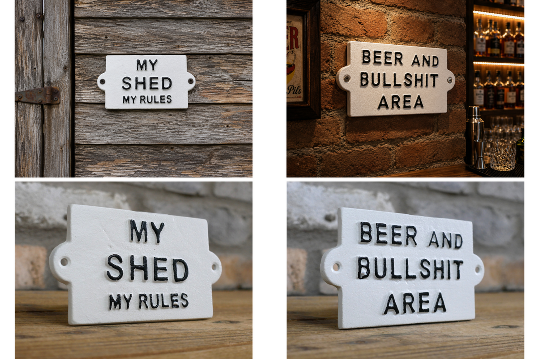 Funny eye-catching statement – My Shed & Beer & Bullshit Humorous Wall Decor Signs