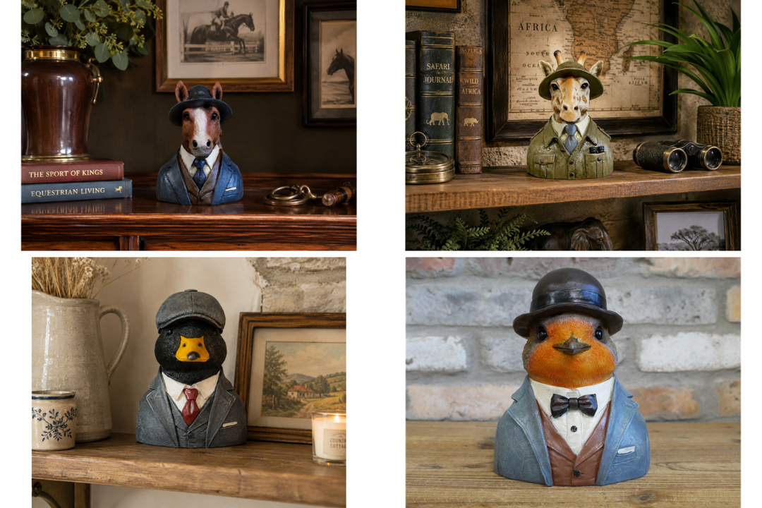 Small Animal Bust Ornaments – Horse, Robin, Giraffe & Mallard Decorative Sculptures