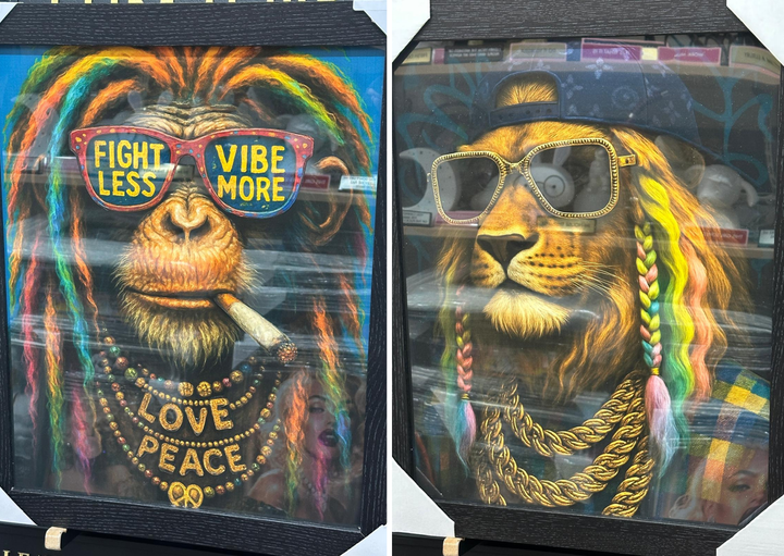 Lion & Monkey Rasta Vibes Wall Art Set | Black Framed Liquid Art Resin Animal Pictures