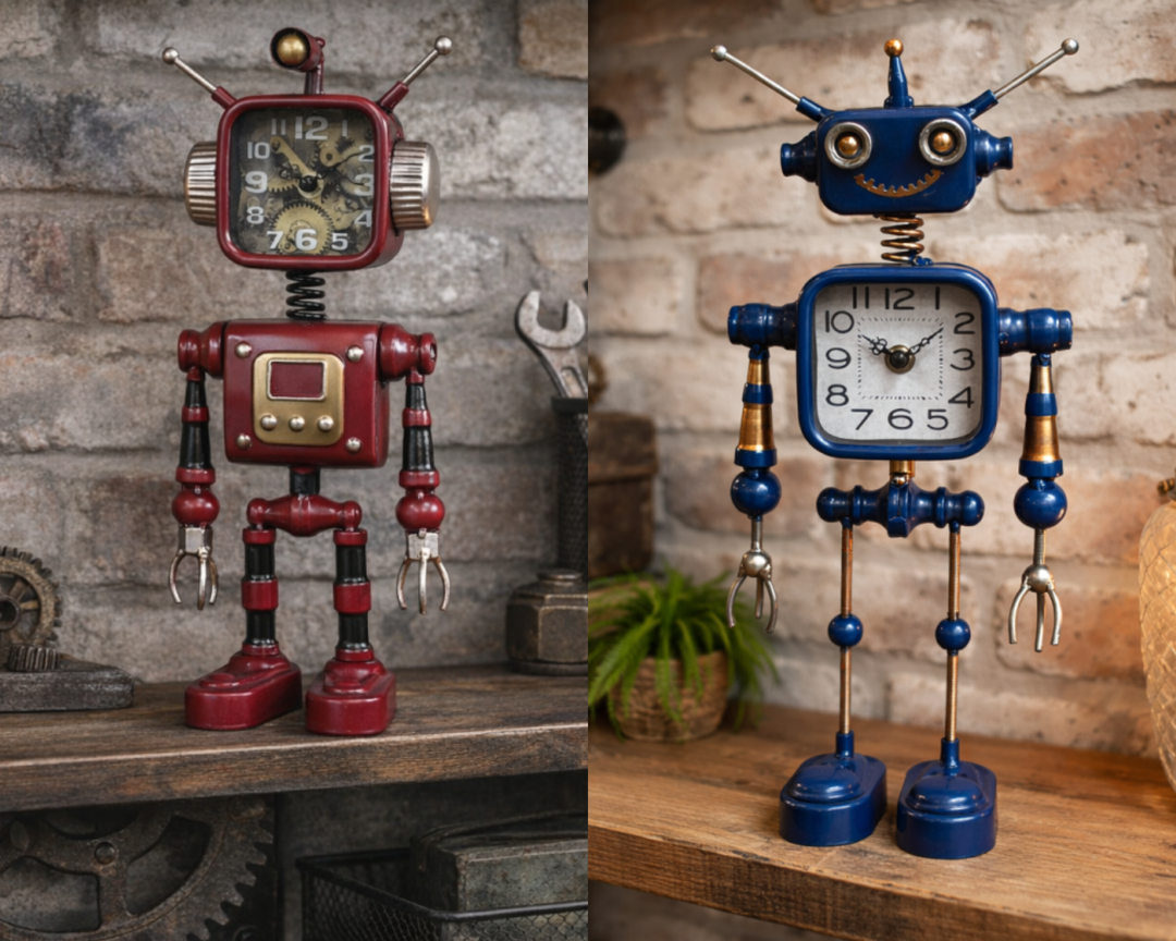 Robot Style Decorative Clock – Blue & Red Retro Robot Table Clock