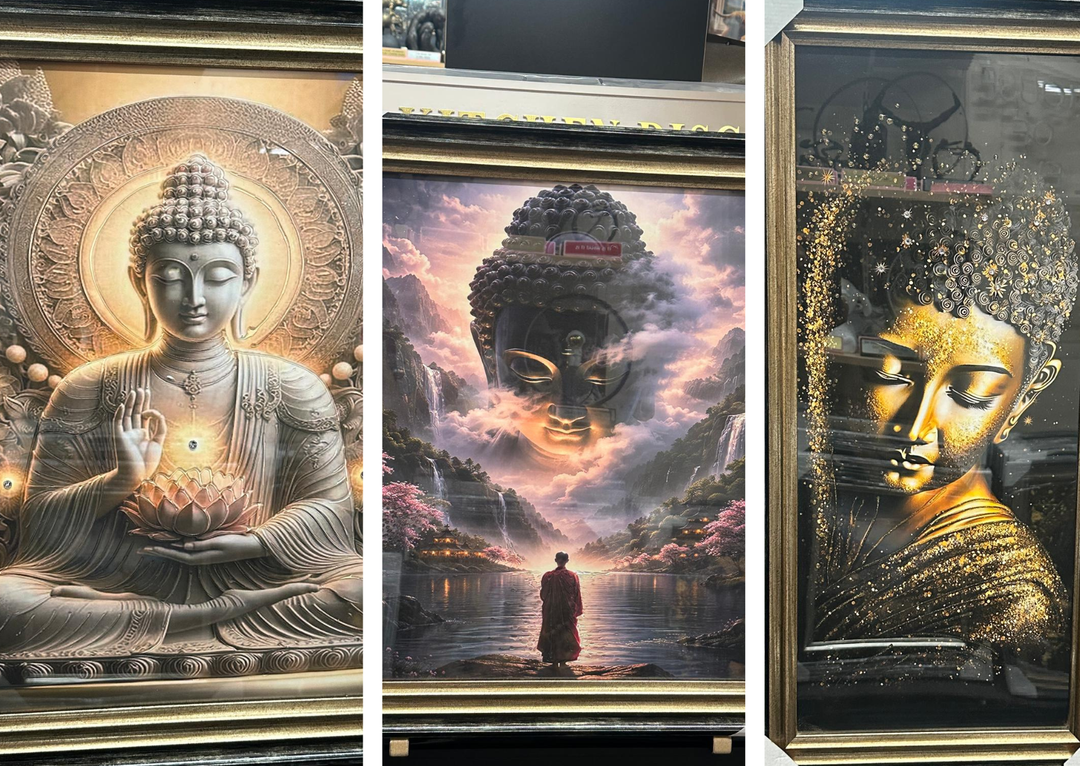 Buddha Liquid Art Resin Wall Pictures with Crystals | Luxury Black & Gold Framed Wall Art