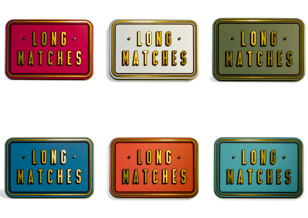 Decorative Long Tin Box with Built-In Striker | Burgundy, Navy, Olive, White & Gold, Burnt Orange & Teal