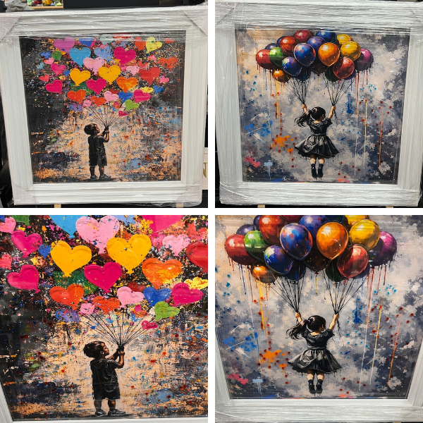 Banksy Girl & Boy with Balloons Wall Art | White Framed Street Art Prints – 39cm & 49cm