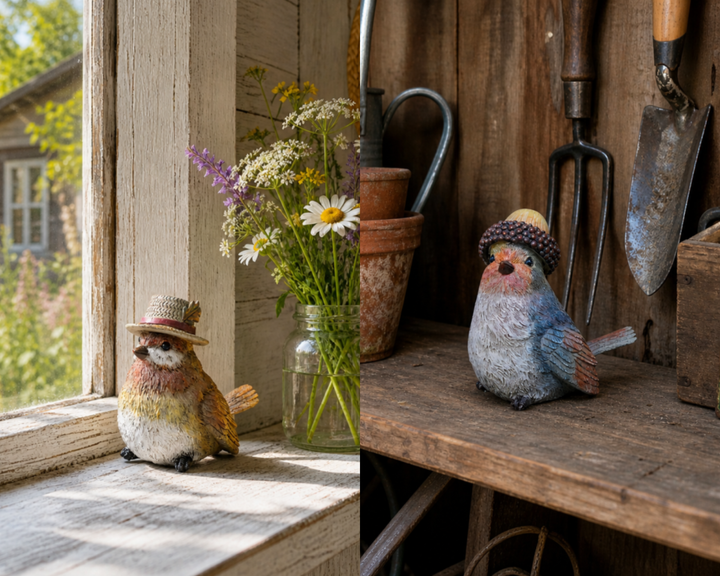Robin Ornaments with Hats – Straw & Acorn | Decorative Garden & Home Sculptures
