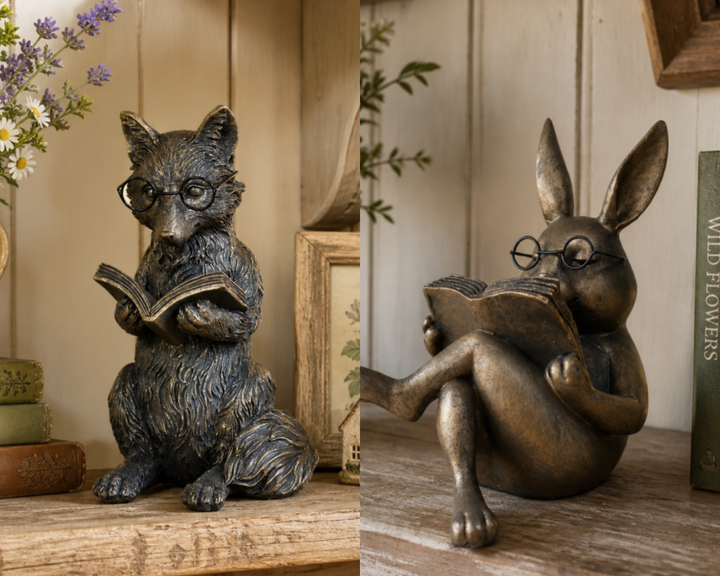 Reading Fox & Rabbit Reading Decor | Whimsical Animal Book Lovers Ornaments