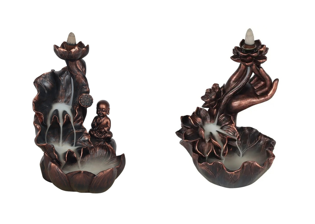 Bronze Buddha & Hand with Lotus Flower Backflow Incense Burner – Spiritual Meditation Home Décor Ornament
