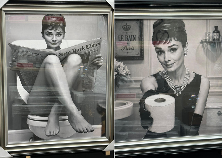 Audrey Hepburn Funny Bathroom Wall Art Canvas Print | Reading Newspaper & Holding Toilet Roll | Black and White Bathroom Decor
