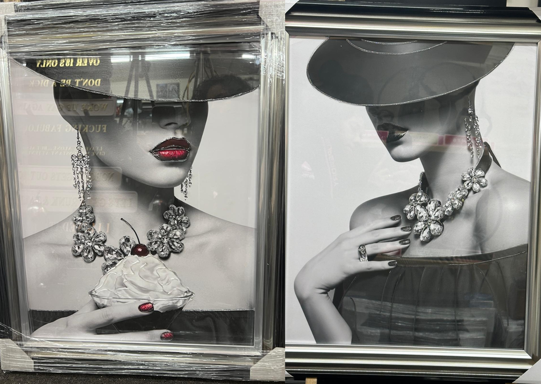Stunning Lady with Red Lips in Hat holding Ice Cream – Black & Silver Two-Tone Frame with Liquid Art Resin