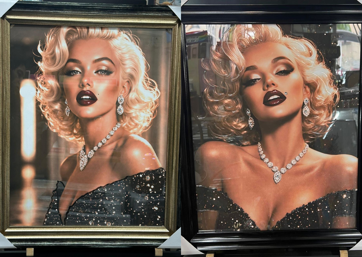 Stunning Marilyn Monroe wall art wearing black glitter dress red lips with liquid art resin and black frame