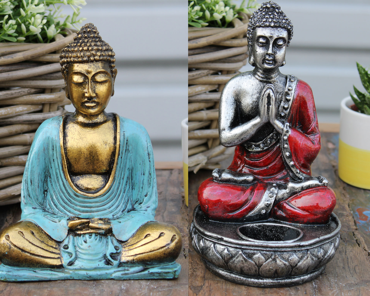 Teal & Gold Buddha & Red Buddha Candle Holder Statue  | Resin Meditation Figurine