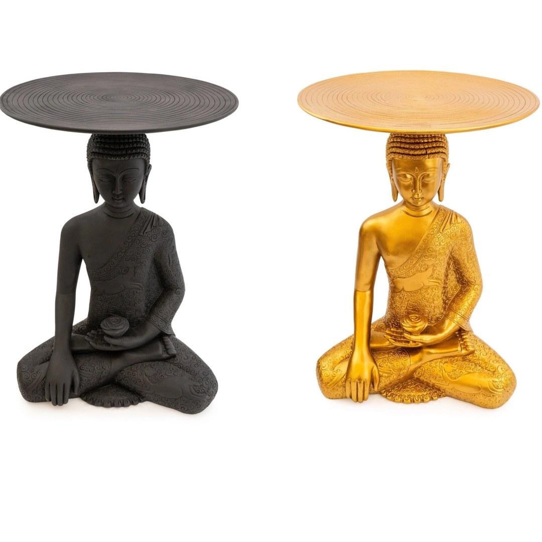 Buddha Side Table – Decorative Resin Accent Table with Glass Top | Black & Gold Luxury Home Décor