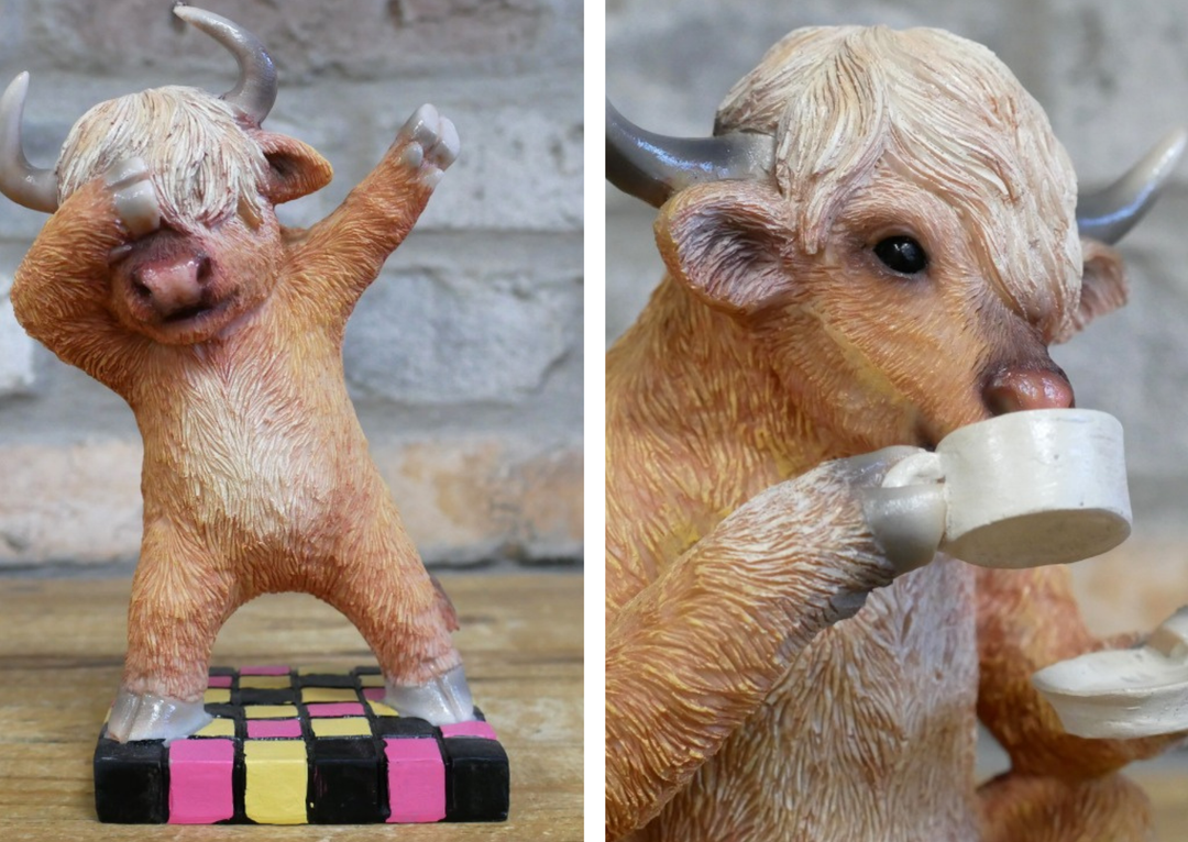 Funny Cow Resin Ornament – Cute Highland Cow Figurine for Home Decor,Living Rooms
