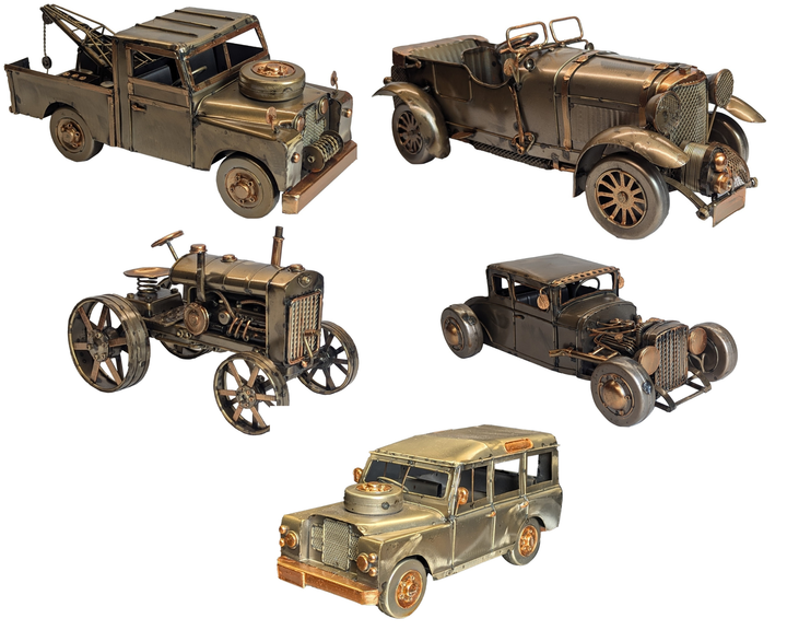 Polished Metal Vehicle Sculptures – Hot Rod, Tractor, 4×4 Wagon, Brooklands Racer & Tow Truck
