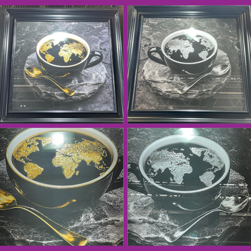 Black Coffee Cup World Map Wall Art – Gold or Silver Liquid Art Resin Framed Picture