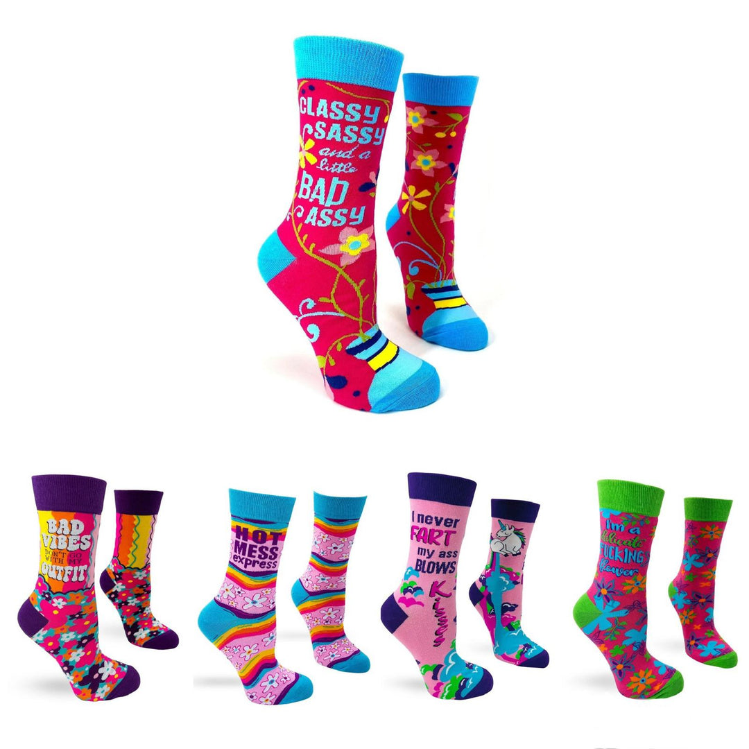 Pink, purple & blue floral funny cheeky novelty crew socks for women size 5-10