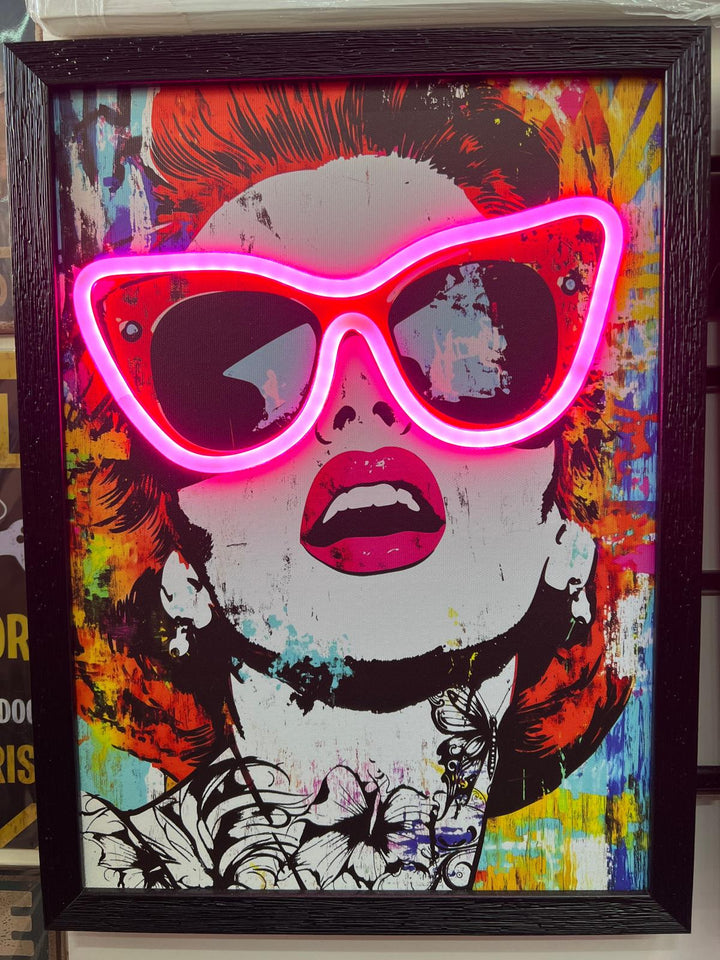 LED Light Canvas Pictures  Audrey, Beer glass, man Saxophone, Marilyn Monroe Black Frame USB Cable