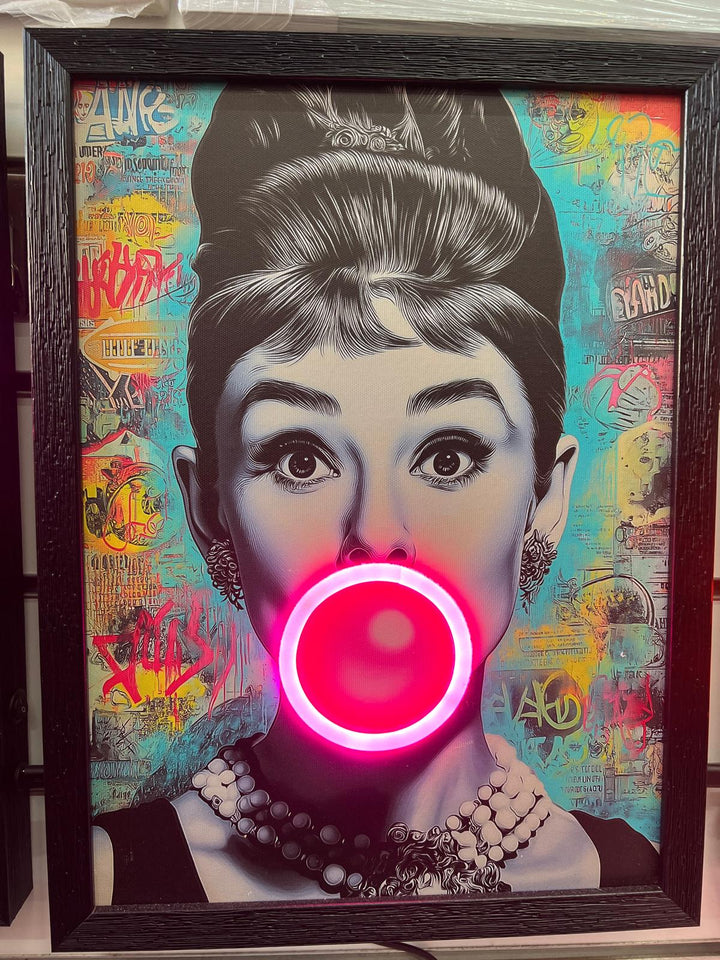 LED Light Canvas Pictures  Audrey, Beer glass, man Saxophone, Marilyn Monroe Black Frame USB Cable