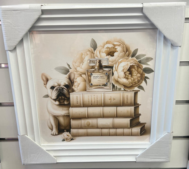 French Bulldog sitting & standing white framed books flowers liquid art pictures