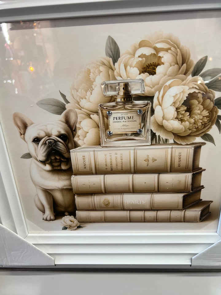 French Bulldog sitting & standing white framed books flowers liquid art pictures