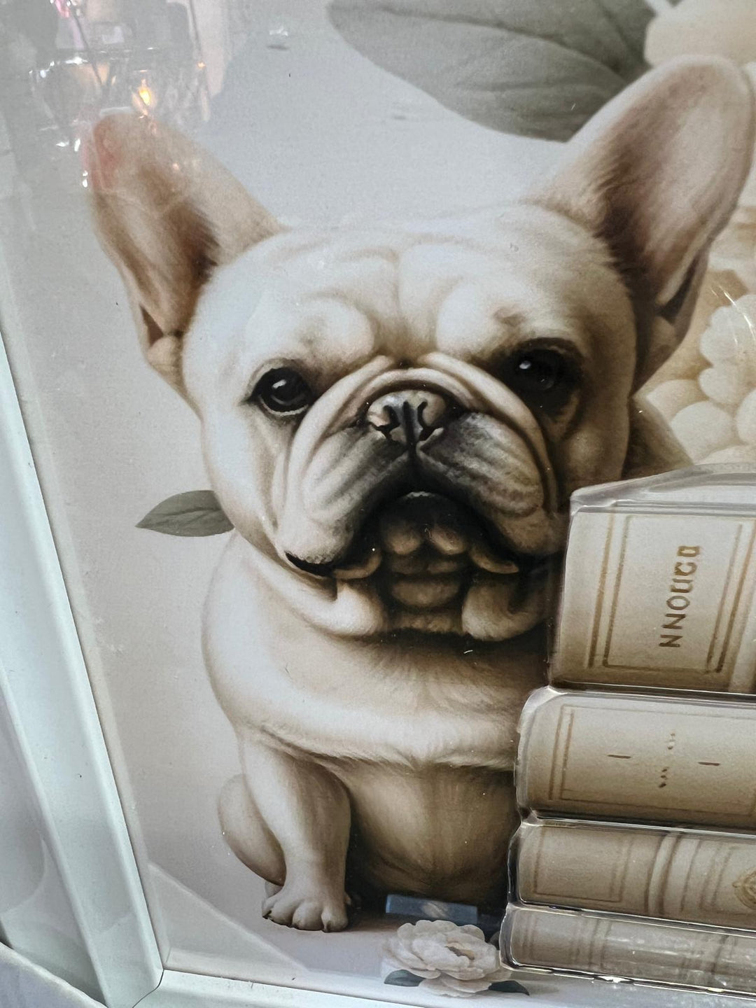 French Bulldog sitting & standing white framed books flowers liquid art pictures
