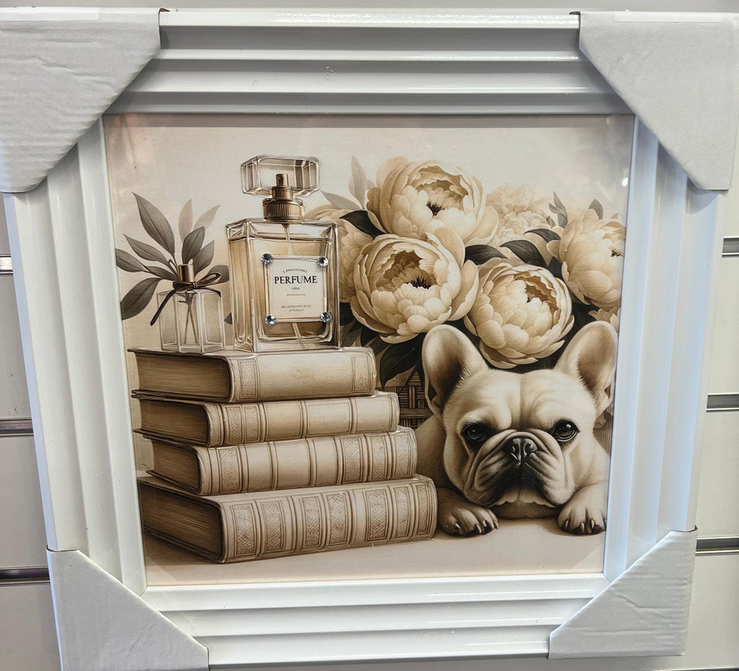 French Bulldog sitting & standing white framed books flowers liquid art pictures