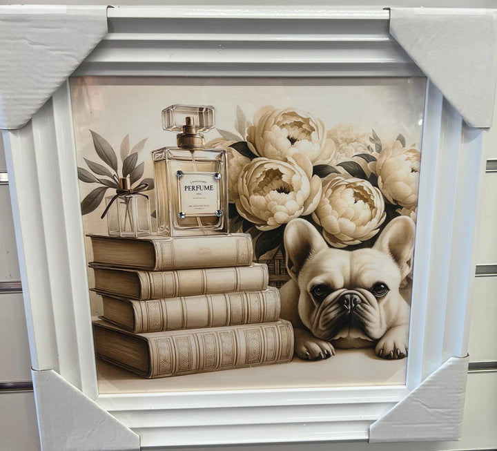 French Bulldog sitting & standing white framed books flowers liquid art pictures