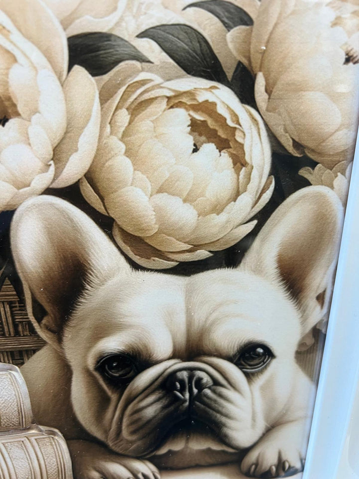 French Bulldog sitting & standing white framed books flowers liquid art pictures