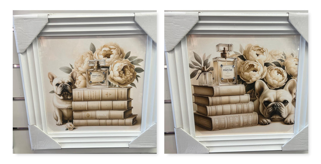 French Bulldog sitting & standing white framed books flowers liquid art pictures