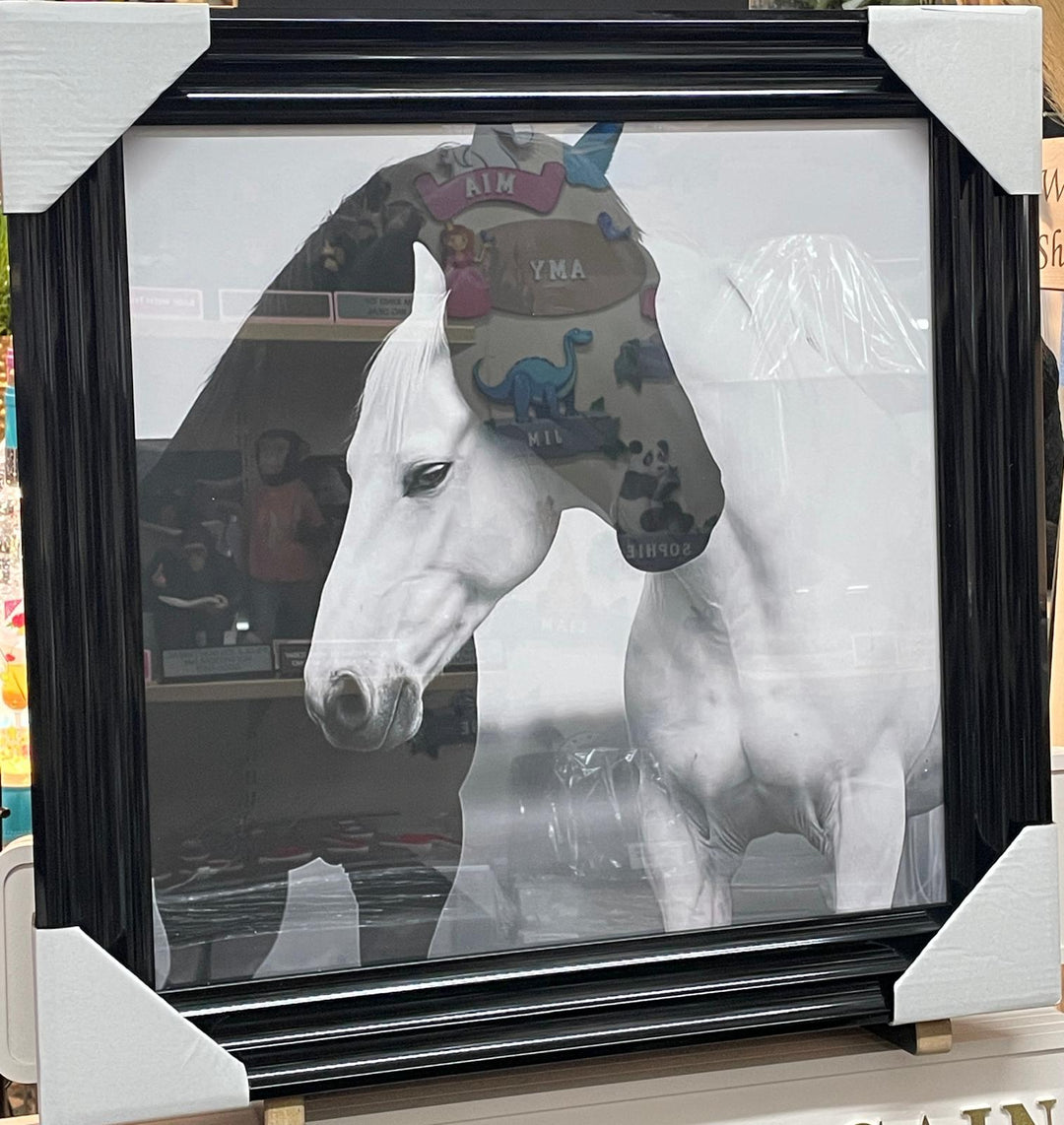 Black and White Horses Hugging Black Step Framed Wall Art