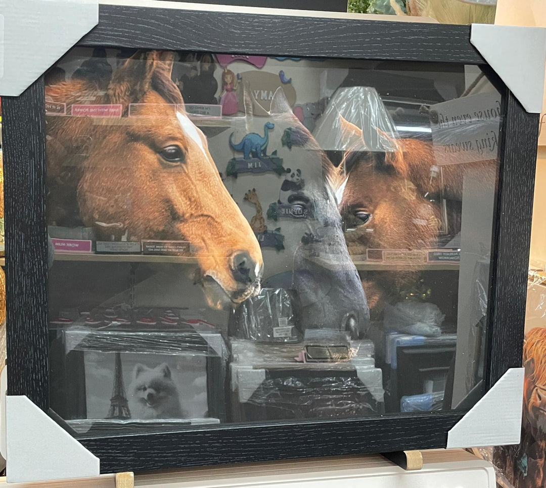 3 Horses Decorative Wall Art Elegant Equine Picture in Black Frame