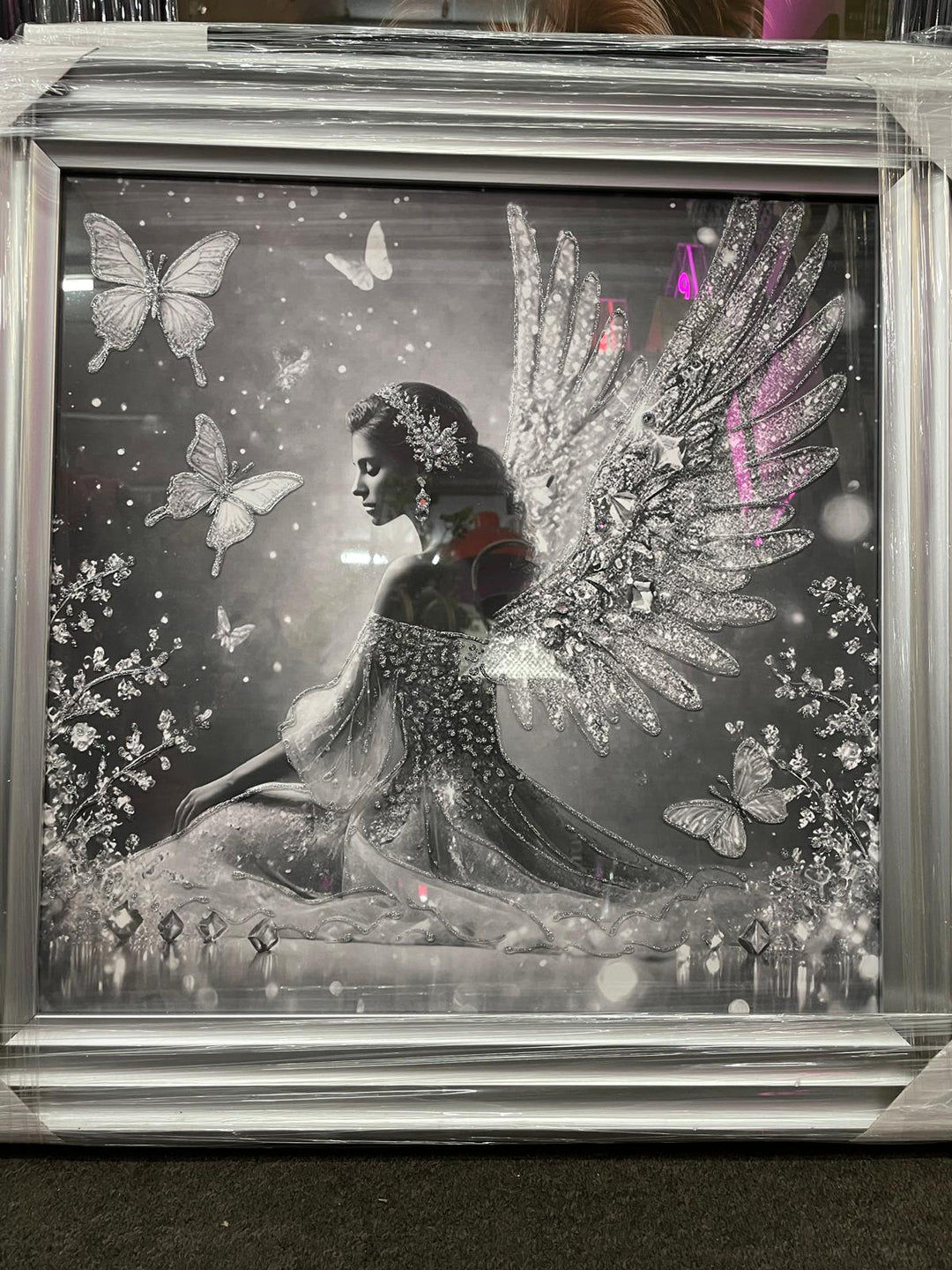 Silver & white sitting angel with silver step frame with liquid art and crystals picture
