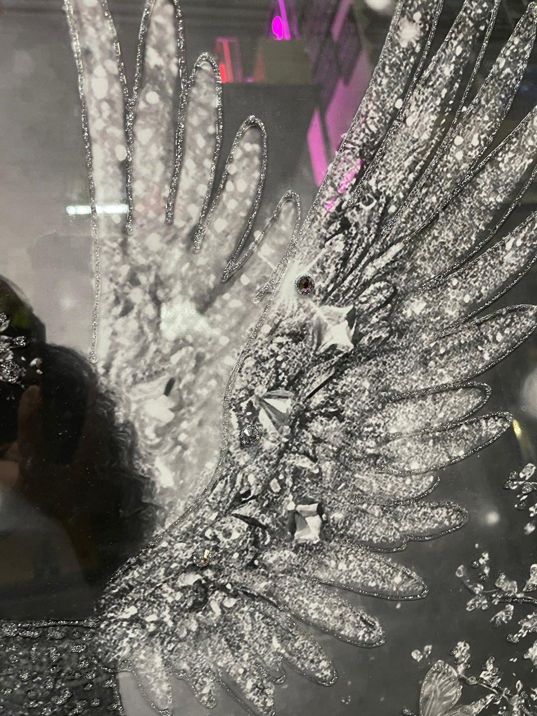Silver & white sitting angel with silver step frame with liquid art and crystals picture