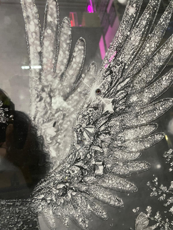 Silver & white sitting angel with silver step frame with liquid art and crystals picture