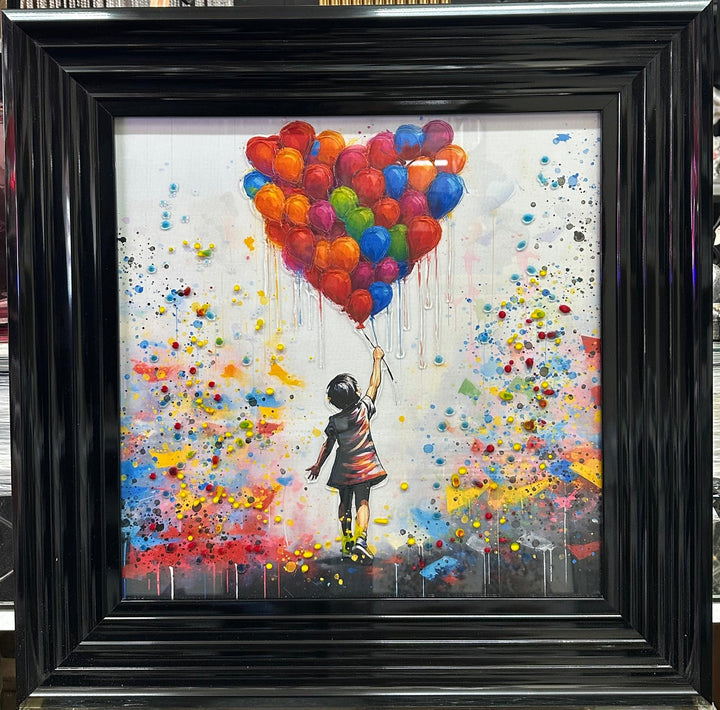 Girl Holding Colourful Balloons Wall Art Black Framed Modern Home Décor Print