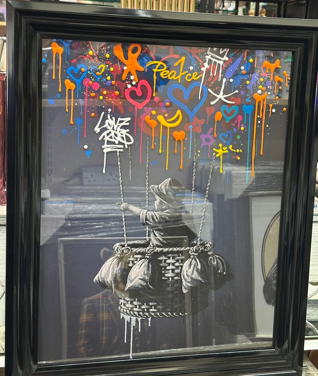 Black step frame Little Boy Sitting in Hot Air Balloon with Colourful Peace & Love Hearts Wall Art