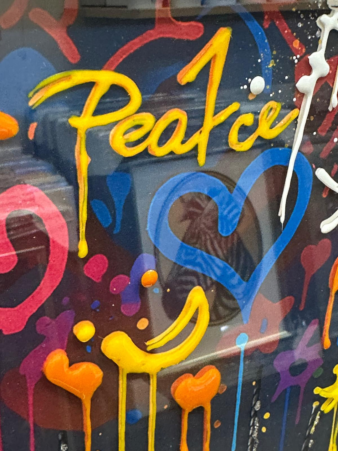 Black step frame Little Boy Sitting in Hot Air Balloon with Colourful Peace & Love Hearts Wall Art