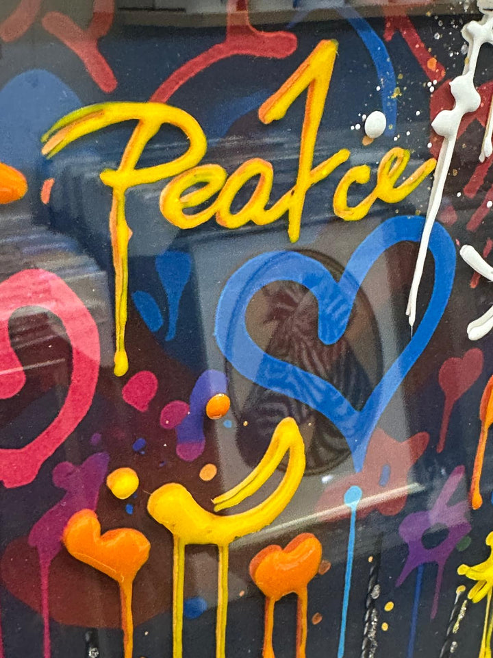 Black step frame Little Boy Sitting in Hot Air Balloon with Colourful Peace & Love Hearts Wall Art