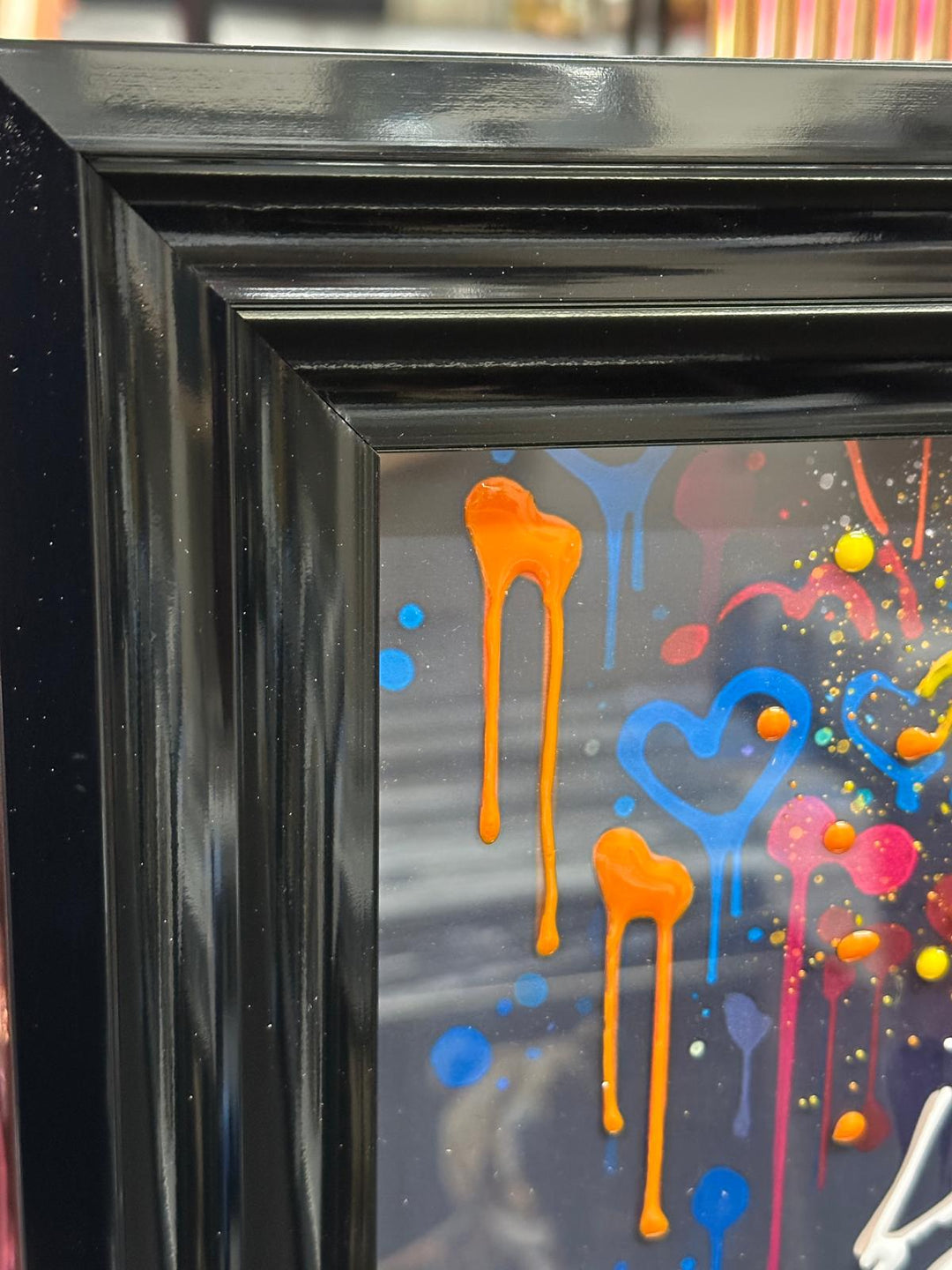 Black step frame Little Boy Sitting in Hot Air Balloon with Colourful Peace & Love Hearts Wall Art