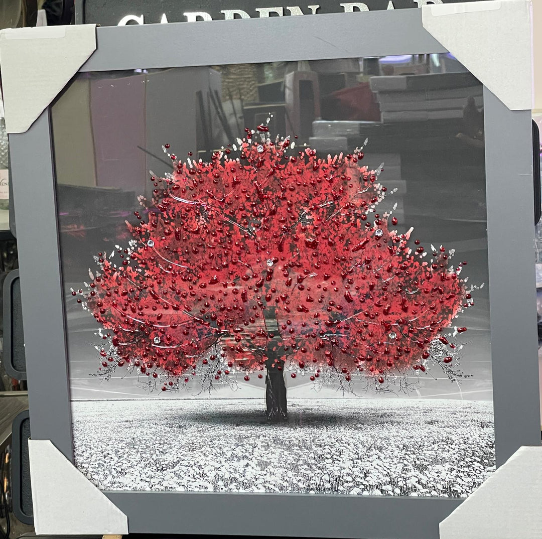 Blossom Tree Wall Art–White, Orange, Green, Yellow, red & Pink with Silver Frame & Liquid Art Crystals
