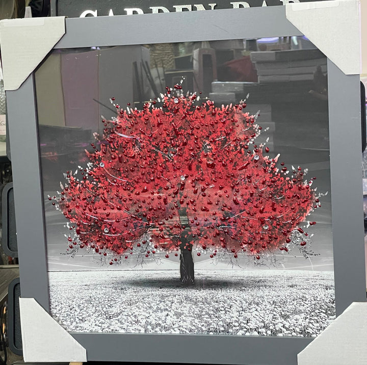 Blossom Tree Wall Art–White, Orange, Green, Yellow, red & Pink with Silver Frame & Liquid Art Crystals